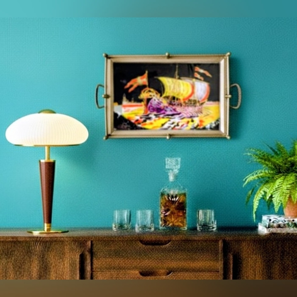 Vintage Art Deco Reverse Painted Glass Tray – Figural Sailing Ship – Silver Tone